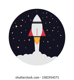 rocket launch, rocket ship soar up into the sky through the clouds and go heading to space. start up business concept - vector illustration