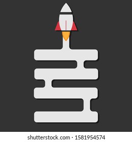 rocket launch, rocket ship soar up into the sky through the clouds and go heading to space. start up business concept - vector illustration