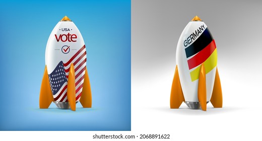 Rocket launch, ships. The concept of a business product on the market. Space rocket launch, not flying. Icon vector. United States of America Election. Flag Germany and USA on the rocket.