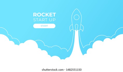 Rocket Launch Silhouette In The Sky Flying Over Clouds. Space Ship In Smoke Clouds. Business Concept. Start Up Template. Horizontal Background. Simple Modern Design. Flat Style Vector Illustration.