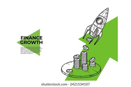 Rocket launch sketch. Finance concept isolated on white background. Money coin stacks, flight spaceship and growth up green arrow. Investment and stock market vector sketch hand drawn illustration.