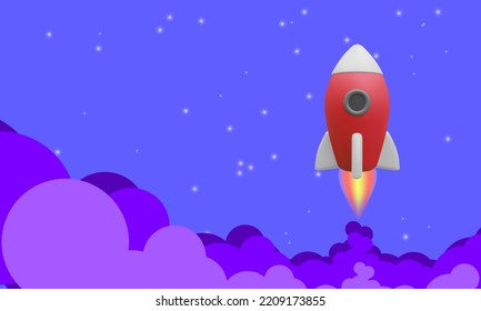 Rocket launch in the sky above the clouds. Spaceship in clouds of smoke. Business concept. Vector illustration.