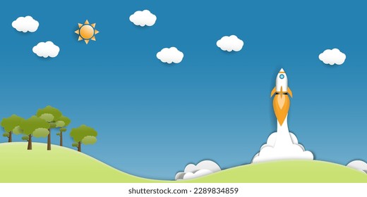 Rocket launch  to sky  above  clouds on blue background , Space ship  flying to  galaxy with  planet  star ,Flat style vector illustration,Business new project start up strategy  Concept
