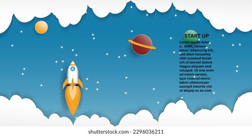 Rocket launch to sky above clouds on blue background , Space ship flying to galaxy with planet  star,paper cut Flat style vector illustration,Business new project start up strategy Concept
