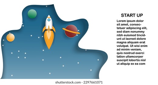 Rocket launch  to sky  above  clouds on blue background , Space ship  flying to  galaxy with  planet  star ,Flat style vector illustration,Business new project start up strategy  Concept

