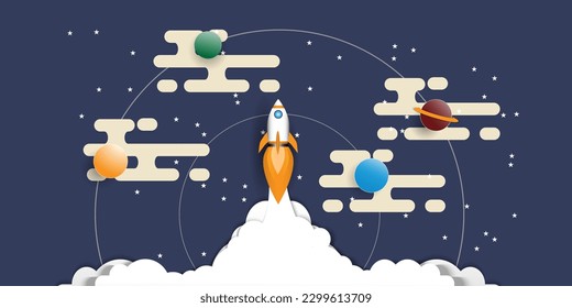 Rocket launch to sky above clouds on blue background , Space ship flying to galaxy with planet  star,Flat style vector illustration,Business new project start up strategy  Concept
