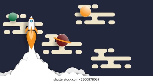 Rocket launch  to sky  above  clouds on blue background , Space ship  flying to  galaxy with  planet  star ,Flat style vector illustration,Business new project start up strategy  Concept
