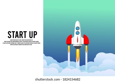 Rocket launch in the sky, cloud, smoke clouds, space. Space ship. interstellar travels. Business concept. Start up template. background. Simple modern cartoon design. Flat vector illustration.