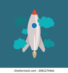 Rocket launch in the sky flying in clouds to stars. Spaceship in clouds. Rocket cartoon style, hand drawn vector illustration. Startup concept graphic.  Dream come true. Part of set.