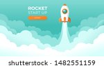 Rocket launch in the sky flying over clouds. Space ship in smoke clouds. Business concept. Start up template. Horizontal background. Simple modern cartoon design. Flat style vector illustration.