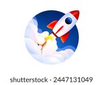 Rocket launch in the sky flying over clouds. Space ship in smoke clouds. Business concept. Start up template. Horizontal background. Vector illustration.