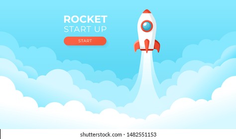 Rocket launch in the sky flying over clouds. Space ship in smoke clouds. Business concept. Start up template. Horizontal background. Simple modern cartoon design. Flat style vector illustration.