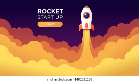 Rocket launch in the sky flying over clouds. Space ship in smoke clouds. Business concept. Start up template. Horizontal background. Simple modern cartoon design. Flat style vector illustration.