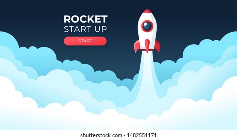 Rocket launch in the sky flying over clouds. Space ship in smoke clouds. Business concept. Start up template. Horizontal background. Simple modern cartoon design. Flat style vector illustration.