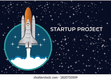Rocket launch in the sky flying over clouds. Space ship in smoke clouds. Business concept. Start up template. Horizontal background. Simple modern cartoon design. Flat style vector illustration.