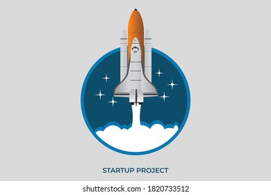 Rocket launch in the sky flying over clouds. Space ship in smoke clouds. Business concept. Start up template. Horizontal background. Simple modern cartoon design. Flat style vector illustration.