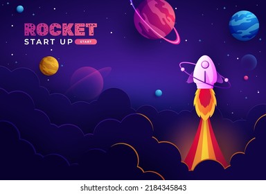 Rocket launch in the sky flying over clouds. Space ship in smoke clouds. Business concept. Start up template. Horizontal background. Simple modern cartoon design. Vector illustration.