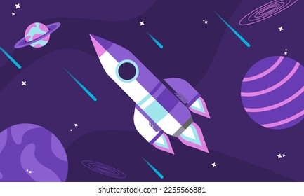 Raketenstart am Himmel, die über Wolken fliegt. Raumschiff in Rauchwolken. Geschäftskonzept. Starten Sie die Vorlage. Horizontaler Hintergrund. Einfaches modernes Cartoon-Design. Flache Vektorgrafik.