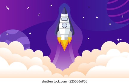Rocket launch in the sky flying over clouds. Space ship in smoke clouds. Business concept. Start up template. Horizontal background. Simple modern cartoon design. Flat style vector illustration.