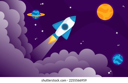 Rocket launch in the sky flying over clouds. Space ship in smoke clouds. Business concept. Start up template. Horizontal background. Simple modern cartoon design. Flat style vector illustration.