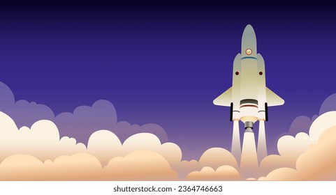 Rocket launch in the sky flying over smoke clouds vector illustration, modern technology industry, rocket ship illustration website design