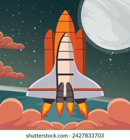 Rocket launch in the sky flying over clouds. Space ship in smoke clouds
