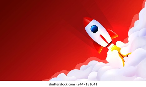 Rocket launch in the sky flying over clouds. Space ship in smoke clouds. Business concept. Start up template. Horizontal background. Vector illustration.