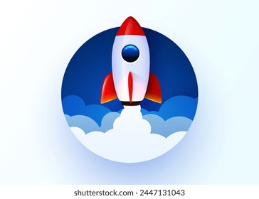 Rocket launch in the sky flying over clouds. Space ship in smoke clouds. Business concept. Start up template. Horizontal background. Vector illustration.