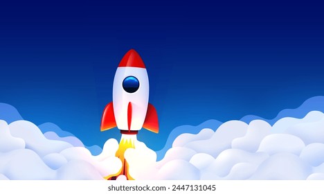 Rocket launch in the sky flying over clouds. Space ship in smoke clouds. Business concept. Start up template. Horizontal background. Vector illustration.