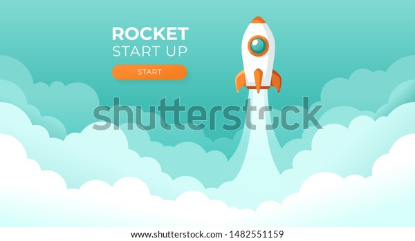 Rocket launch in the sky flying over
clouds. Space ship in smoke clouds. Business concept. Start up
template. Horizontal background. Simple modern cartoon design. Flat
style vector
illustration.