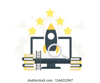 Rocket launch to the sky from the large computer up to the stars. Startup concept and internet learning. Monitor with book, teaching, online finance, knowledge.