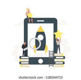 Rocket launch to the sky from the large phone up to the stars with small office people around it. Businessmen start their own new mobile app. Startup concept and internet learning.