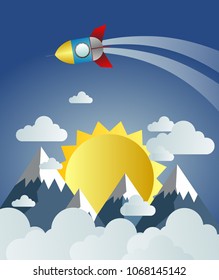 rocket launch to the sky, paper art background or poster