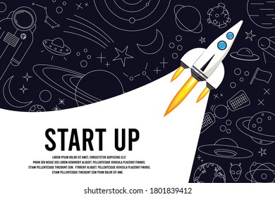 Rocket launch in the sky, space. Space ship. outer space, interstellar travels, universe. Business concept. Start up template. Outline, line, doodle style. Flat. vector illustration. 