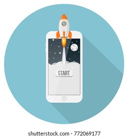 rocket launch from smartphone flat design icon