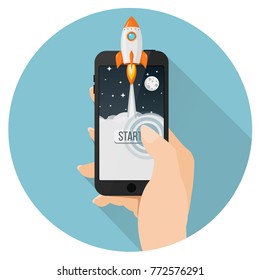 rocket launch from smartphone flat design icon