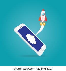 Rocket launch from smartphone startup concept. Flat design. Successful startup business concept.