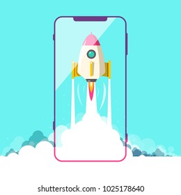 Rocket Launch with Smartphone Symbol. Vector.