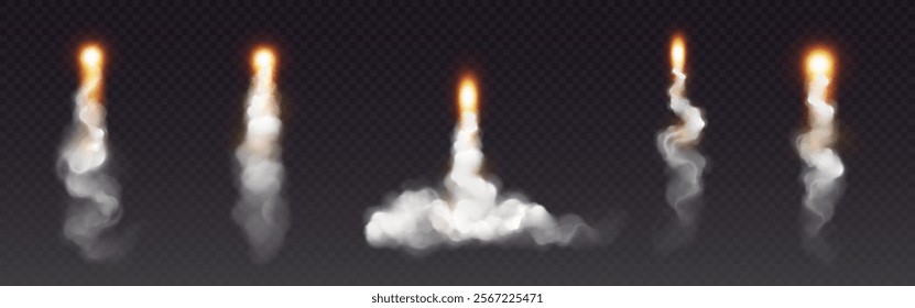 Rocket launch smoke effects with bright flame trails - dynamic white exhaust plumes, upward illuminated thrust streams, burning fire particle. Spacecraft takeoff and space exploration visual elements.