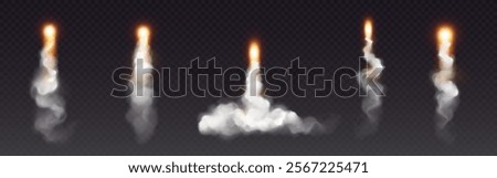 Rocket launch smoke effects with bright flame trails - dynamic white exhaust plumes, upward illuminated thrust streams, burning fire particle. Spacecraft takeoff and space exploration visual elements.
