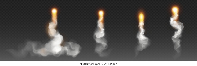 Rocket launch smoke and fire trails set isolated on transparent background. Vector realistic illustration of curvy jet steam line, aircraft or missile flight, orange flash and spacecraft contrail