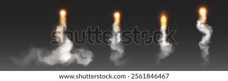Rocket launch smoke and fire trails set isolated on transparent background. Vector realistic illustration of curvy jet steam line, aircraft or missile flight, orange flash and spacecraft contrail