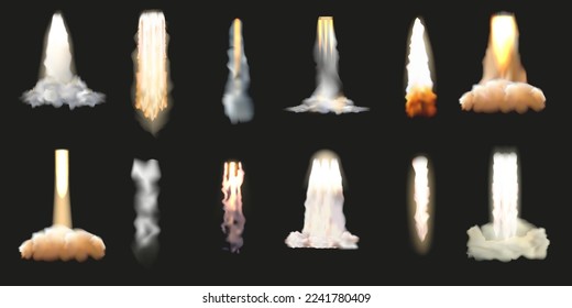 Rocket launch. Smoke jet with flame. Spacecraft start. Fire and fume stream. Takeoff effects set. Space shuttle trail. Blast on spaceship. Speed comet track. Vector realistic background