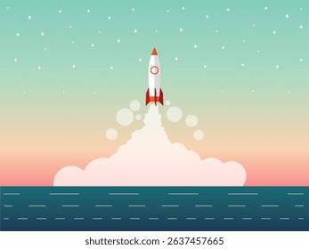 Rocket launch with smoke over ocean and starry sky in colorful background