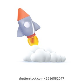 Rocket launch with smoke. Rocket start, starship, creative ideas and growth metaphor. Space shuttle. 3D vector illustration concept for startup, new business