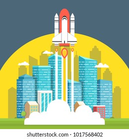 Rocket launch and smoke. Startup project concept. Clouds and town on background. Vector illustration.