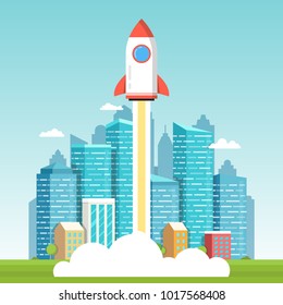Rocket launch and smoke. Startup project concept. Clouds and town on background. Vector illustration.
