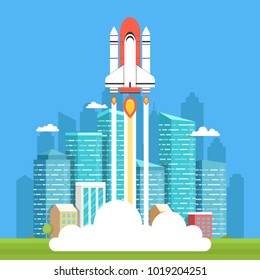 Rocket launch and smoke. Startup project concept. Clouds and town on background. Vector illustration.