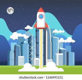 Rocket launch and smoke. Startup project concept. Clouds and town on background. Vector illustration.