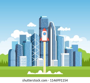 Rocket launch and smoke. Startup project concept. Clouds and town on background. Vector illustration.